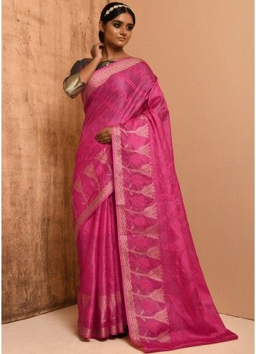 Pink Banarasi Silk Woven Saree & Blouse