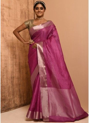 Pink Plain Banarasi Silk Saree With Blouse