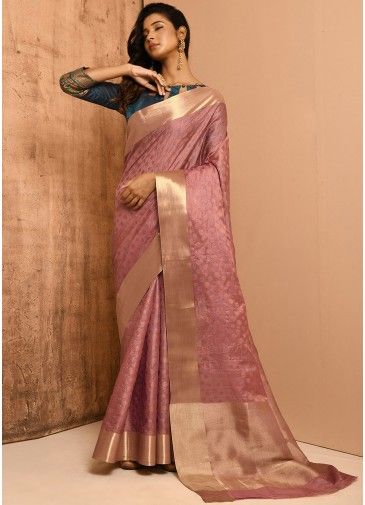 Pink Banarasi Silk Saree With Woven Details