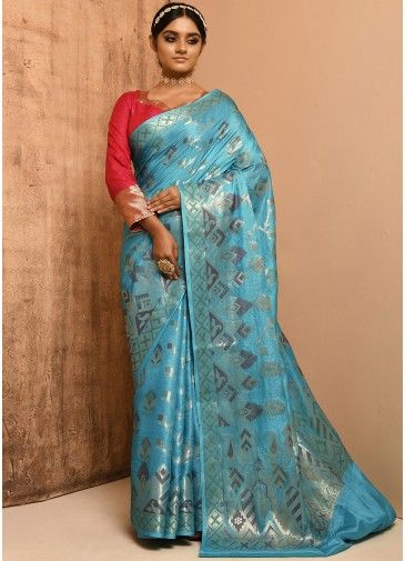 Blue Zari Woven Banarasi Silk Saree & Blouse