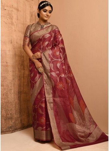 Maroon Floral Woven Saree In Banarasi Silk