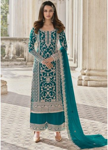 Blue Embroidered Net Palazzo Suit Set