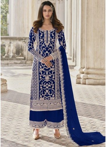 Blue Floral Embroidered Palazzo Suit & Dupatta