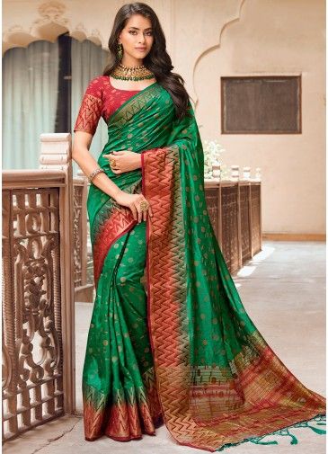 Veesha Maroon with Green Leaf Art Silk Indian Saree Sari Wrap Bellydance Fabric SRIIMUMTAZ