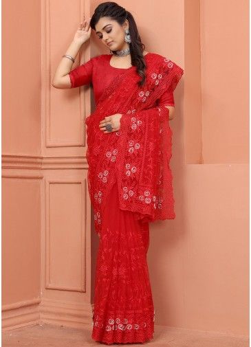 Red Net Saree In Resham Embroidery