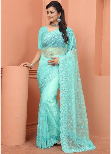 Blue Net Saree With Resham Embroidery