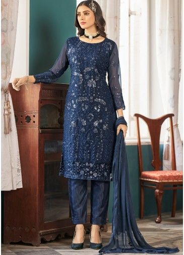 Blue Georgette Embroidered Pant Suit Set