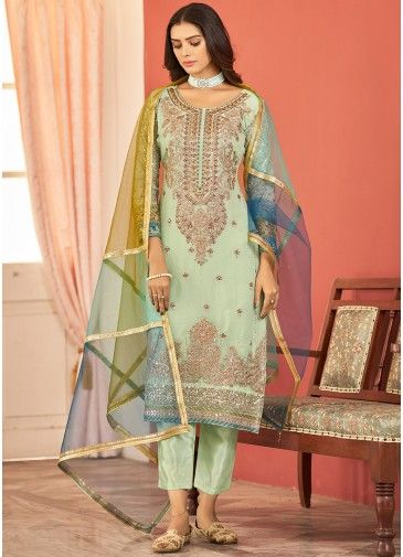 Green Zari Embroidered Georgette Pant Suit