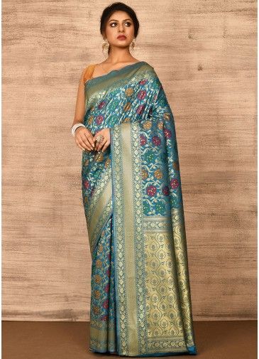 Blue Floral Zari Woven Banarasi Silk Saree