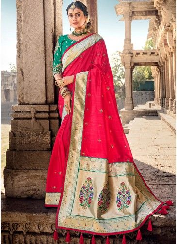 Red Banarasi Silk Saree With Woven Pallu