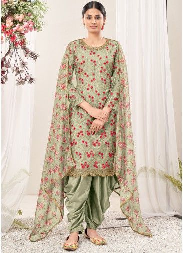 Green Net Embroidered Punjabi Suit Set
