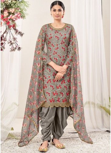Grey Straight Cut Punjabi Suit Set In Net
