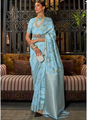 Blue Art Silk Saree With Woven Blouse