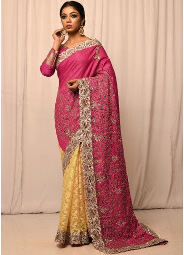 Pink & Yellow Half N Half Embellished Saree In Silk