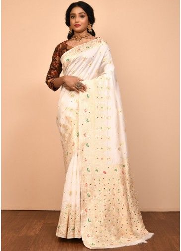 White Zari Woven Saree In Cotton Silk