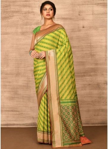 Yellow & Green Woven Saree With Distinctive Blouse