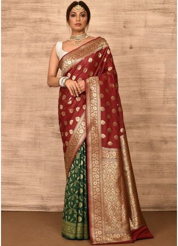 Maroon & Green Banarasi Silk Zari Woven Saree