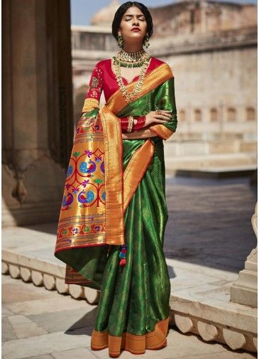 Green Woven Bridal Saree In Art Silk