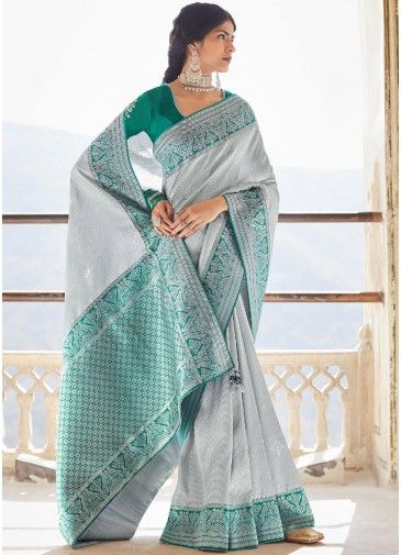 Silver Art Silk Saree With Embroidered Blouse
