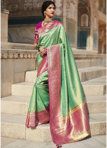 Green Art Silk Saree With Embroidered Blouse