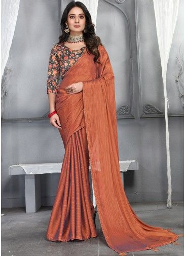 Orange Silk Saree With Printed Blouse