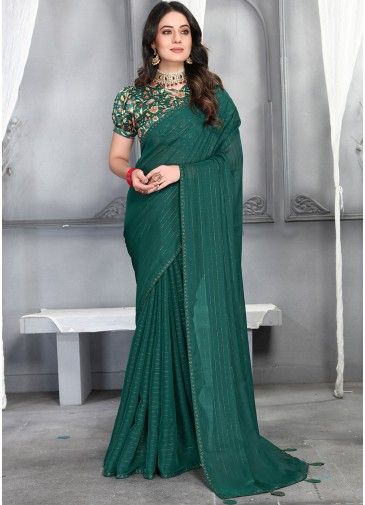 Green Silk Saree With Floral Print Blouse