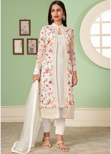 Off White Jacket Style Pant Suit In Resham Embroidery