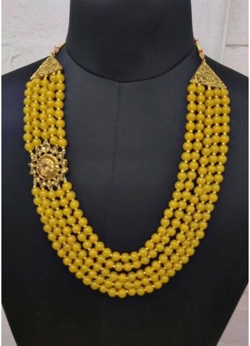 Yellow Bead Ornamented Layered Kantha Mala