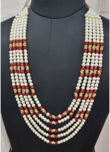 Red & White Bead Studded Kantha Mala