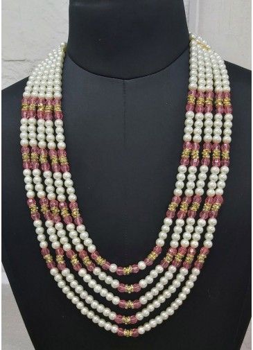 Pink & White Bead Studded Layered Kantha Mala