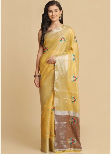 Yellow Thread Embroidered Art Silk Saree