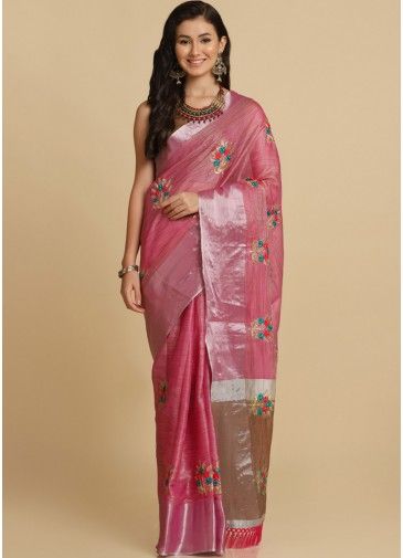 Pink Zari Embroidered Saree With Blouse