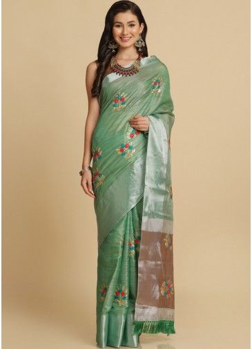 Green Art Silk Saree With Thread Embroidery