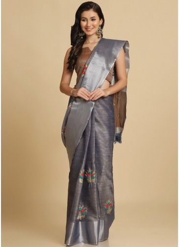 Grey Thread Embroidered Saree With Blouse