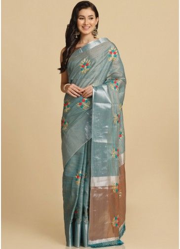Blue Zari Embroidered Saree With Distinctive Pallu