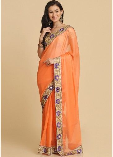 Orange Floral Resham Embroidered Saree With Blouse