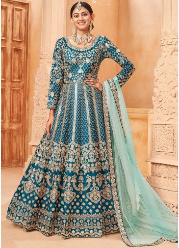 Blue Embroidered Anarkali Suit In Art Silk