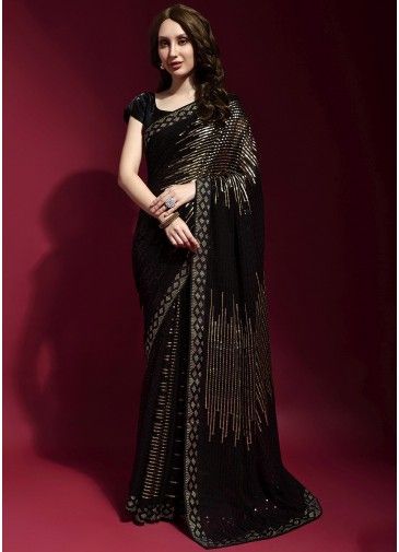 Black Sequinned Saree With Blouse