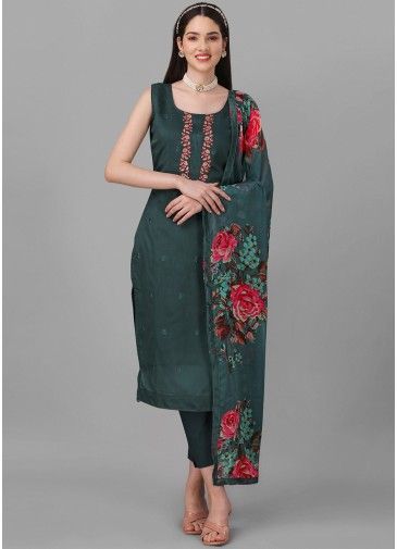 Green Embroidered Straight Cut Pant Suit Set