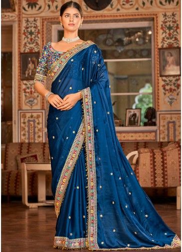 Blue Embroidered Saree With Heavy Border