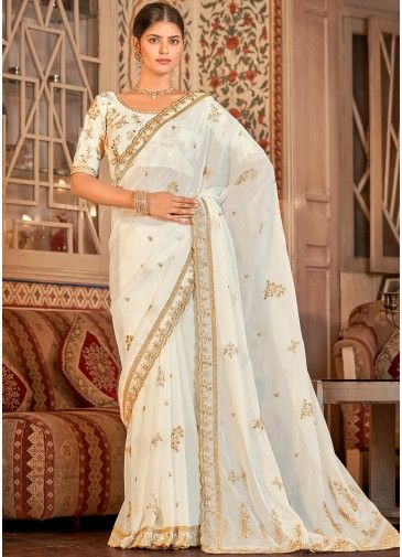 White Sequinned Saree With Organza Blouse