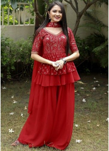 Red Embroidered Peplum Style Sharara Suit Set