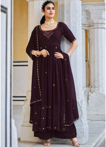 Purple Embroidered Flared Style Suit Set
