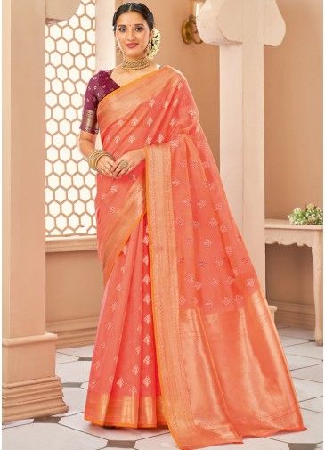 Pink Woven Saree In Cotton