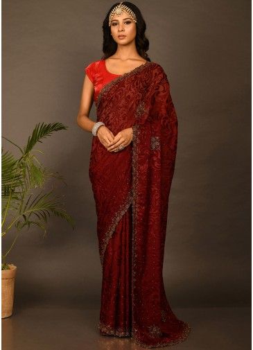 Red Georgette Brasso Saree With Embroidered Border