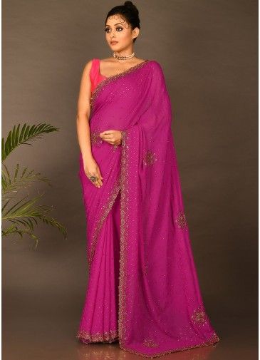 Pink Stone Embellished Saree In Art Silk