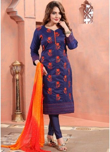 Blue Embroidered Pant Suit Set In Chanderi Silk