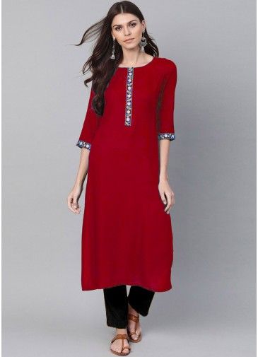 Red Embroidered Readymade Kurta Set In Rayon