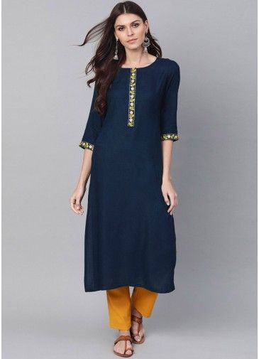Blue Embroidered Readymade Kurta Set In Rayon