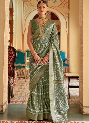 Green Patola Silk Saree With Woven Patterns